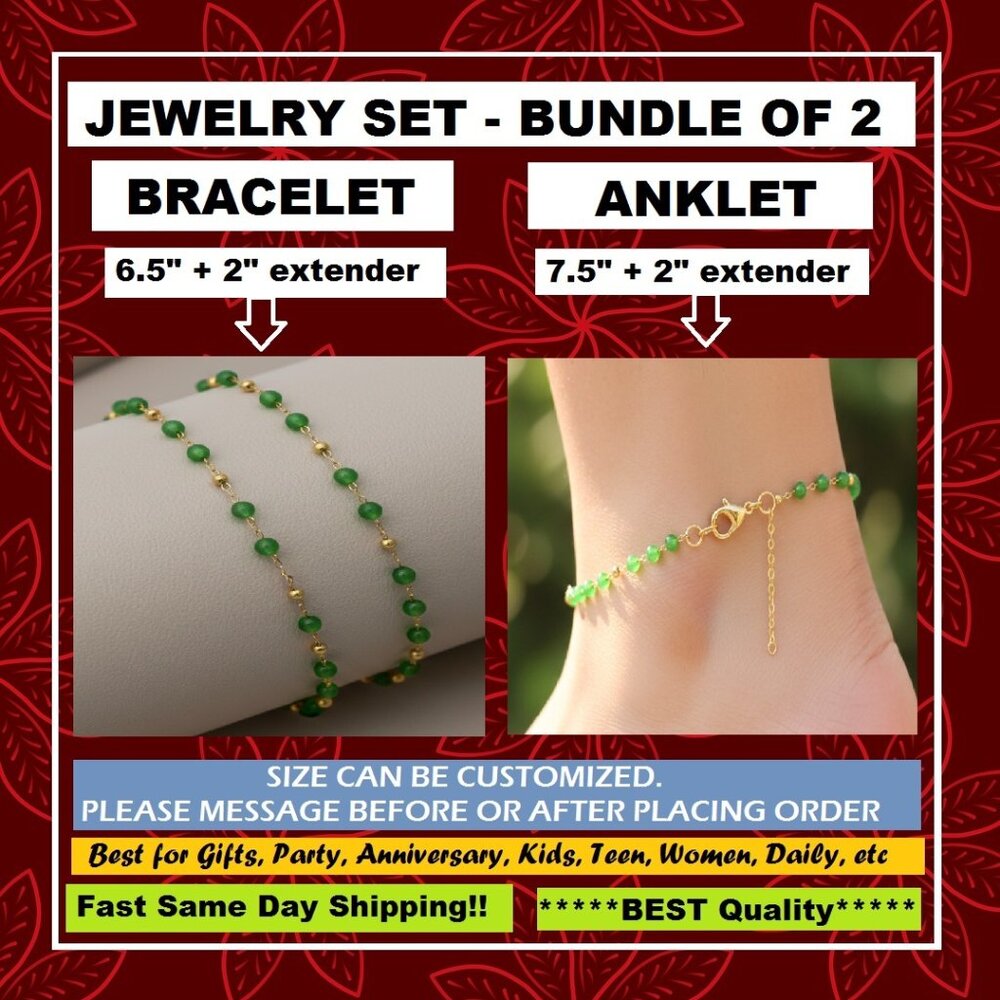 💖Minimalist 14K GOLD COLOR GREEN PEARL Jewelry Set Bracelet & Anklet, RC103